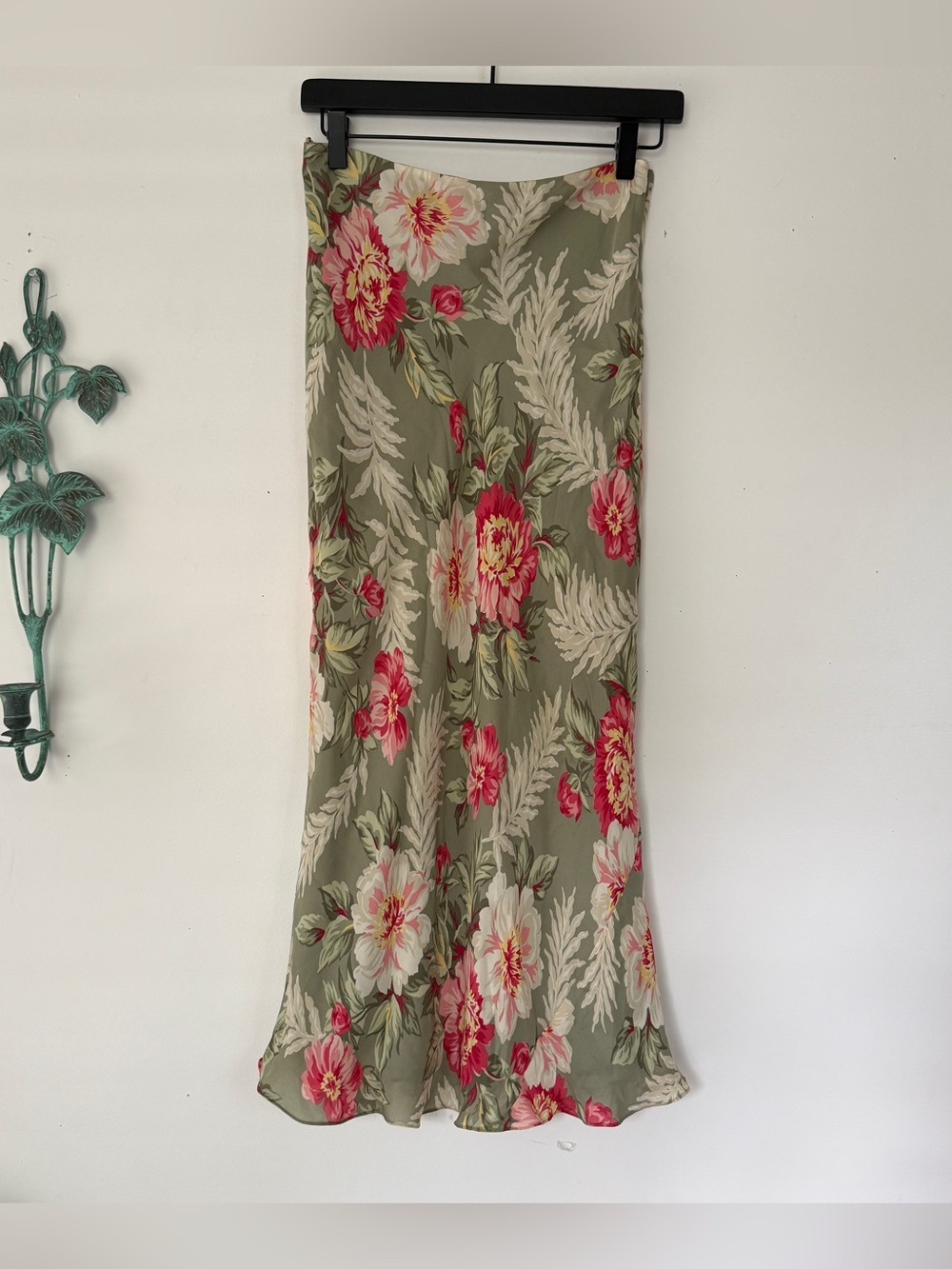Vintage Silk Floral Print Bias Cut Midi Maxi Skirt Sage Green Y2K 4